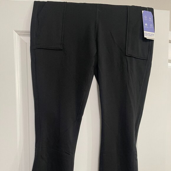 NWT BSP Fleece Lined Flare Yoga Pants XL Black High Waist Front Pockets - Picture 2 of 5